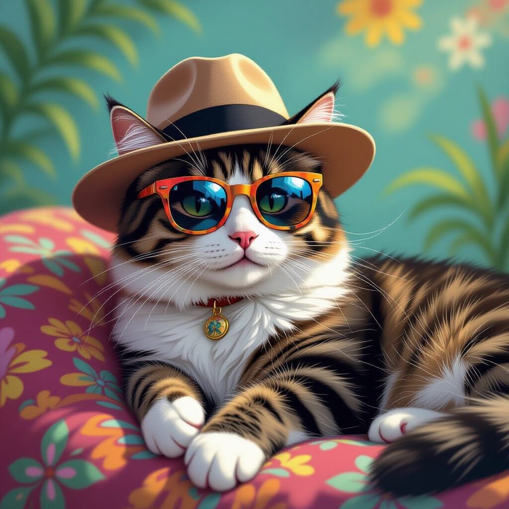 Cat Lounging in Fedora and Sunglasses