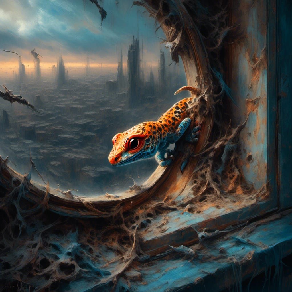 <lora:Decay:1.0> A Leopard Gecko is trying to go glass surfi...