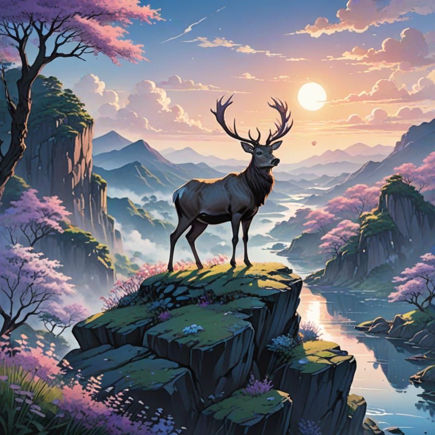 Majestic Stag in Ethereal Dawn Landscape