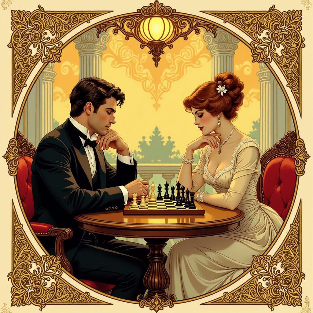 Chess Game in Victorian Setting, Art Nouveau Style
