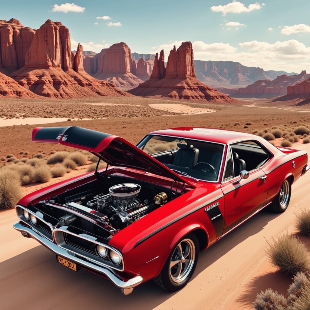 Red 1967 Plymouth Barracuda with Rocky Mountain Scene