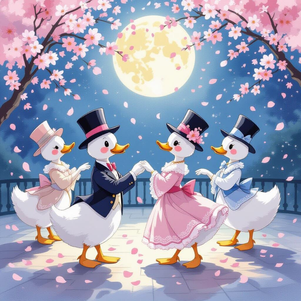 Ducks' Whimsical Waltz in Cherry Blossom Ballroom