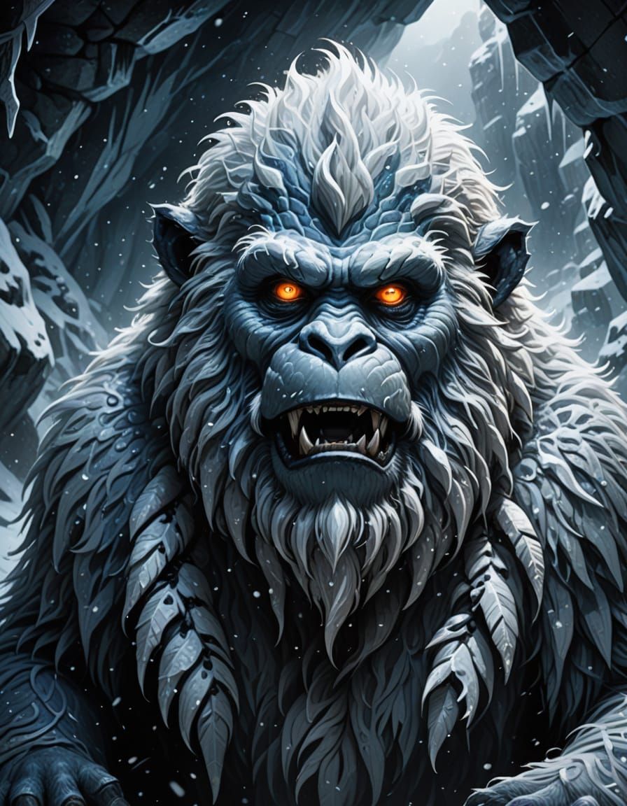 Surreal Yeti in Snowy Cave Captured in Deviantart Style