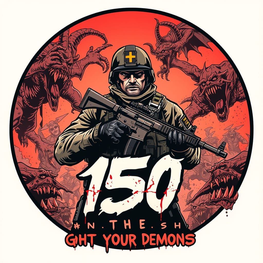 Soldier Battling Demons in Graphic Novel Style