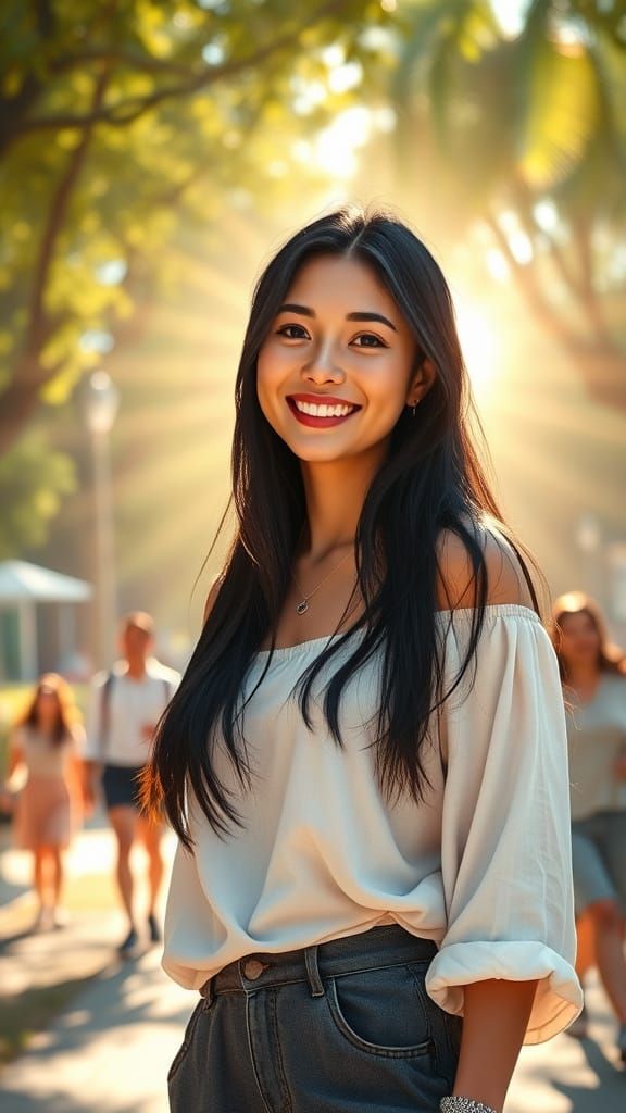 Radiant Woman in Sunlit Park, Inspired by Art Nouveau and Su...