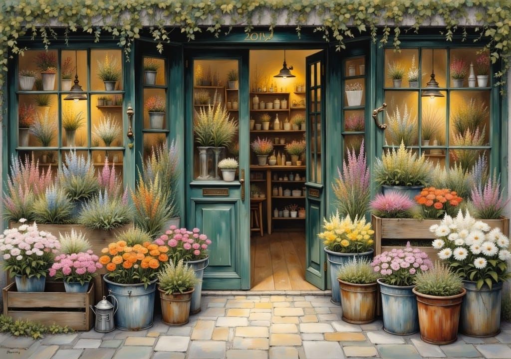Charming Flower Shop Entrance in Evening Light