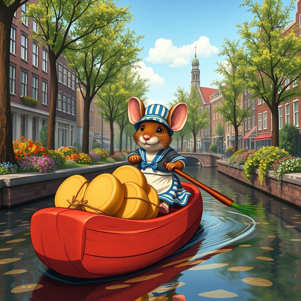 Dutch Mouse Rows Cheese Down Amsterdam Canal in Whimsical Ch...