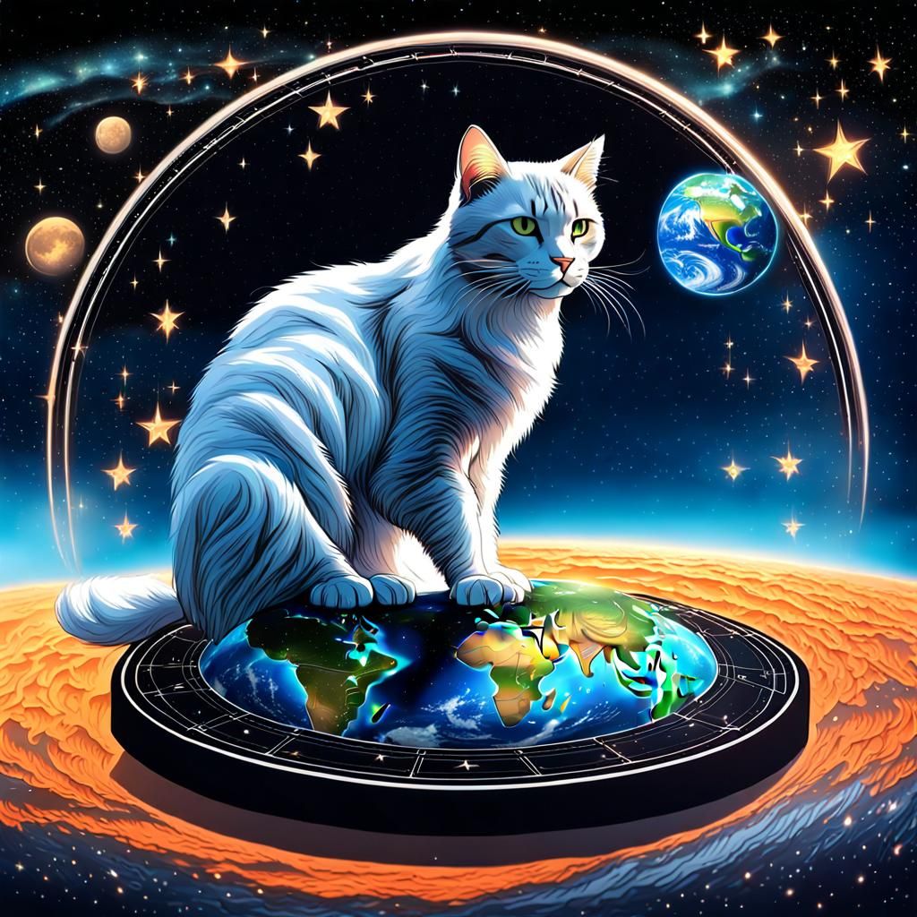 Giant Cat Pushes Human off Flat Earth, Astral Illustration