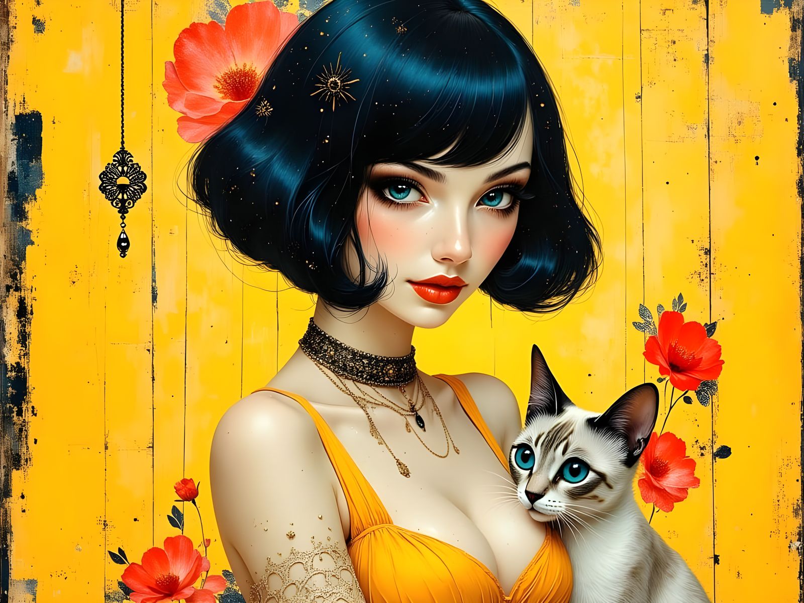 1980s Pin-Up with Cat, in Art Nouveau Style