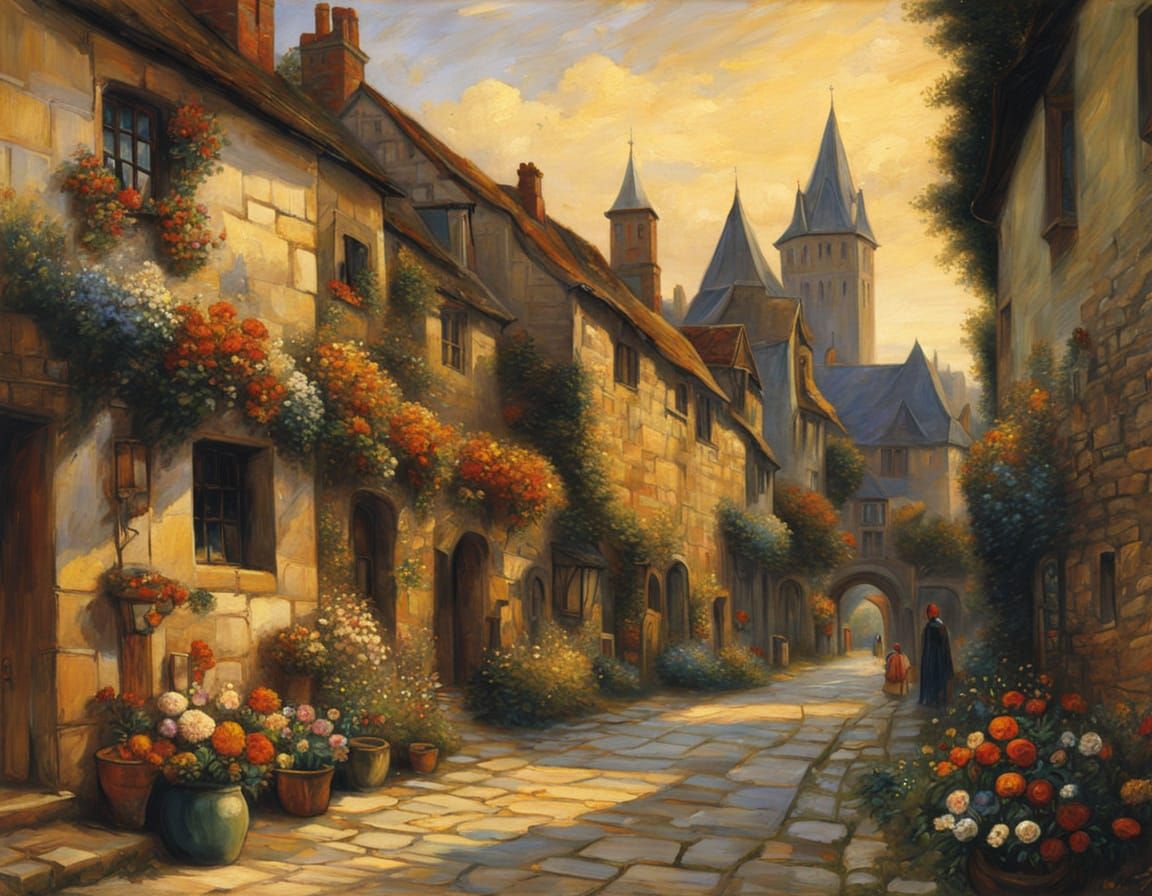 Medieval Village Street in Pre-Raphaelite Style