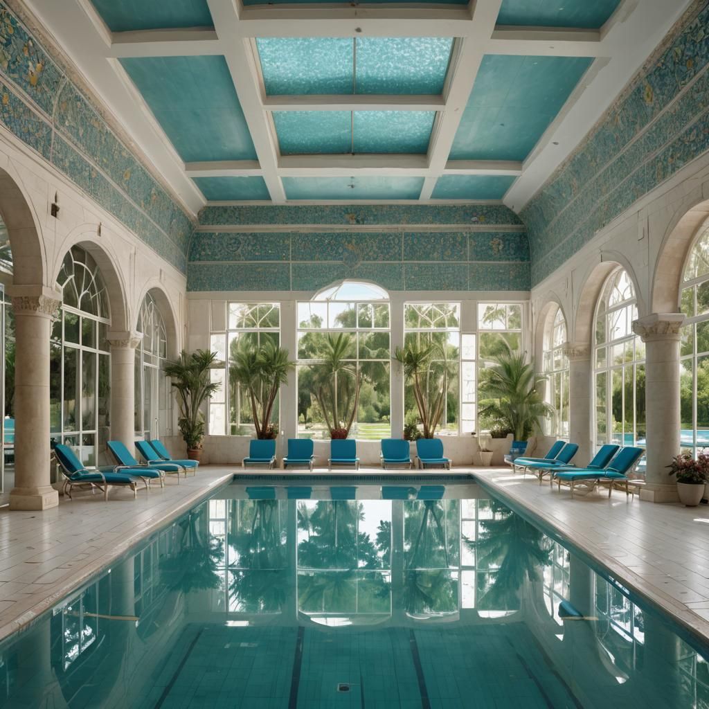 Indoor Hotel Pool with Lush Greenery View