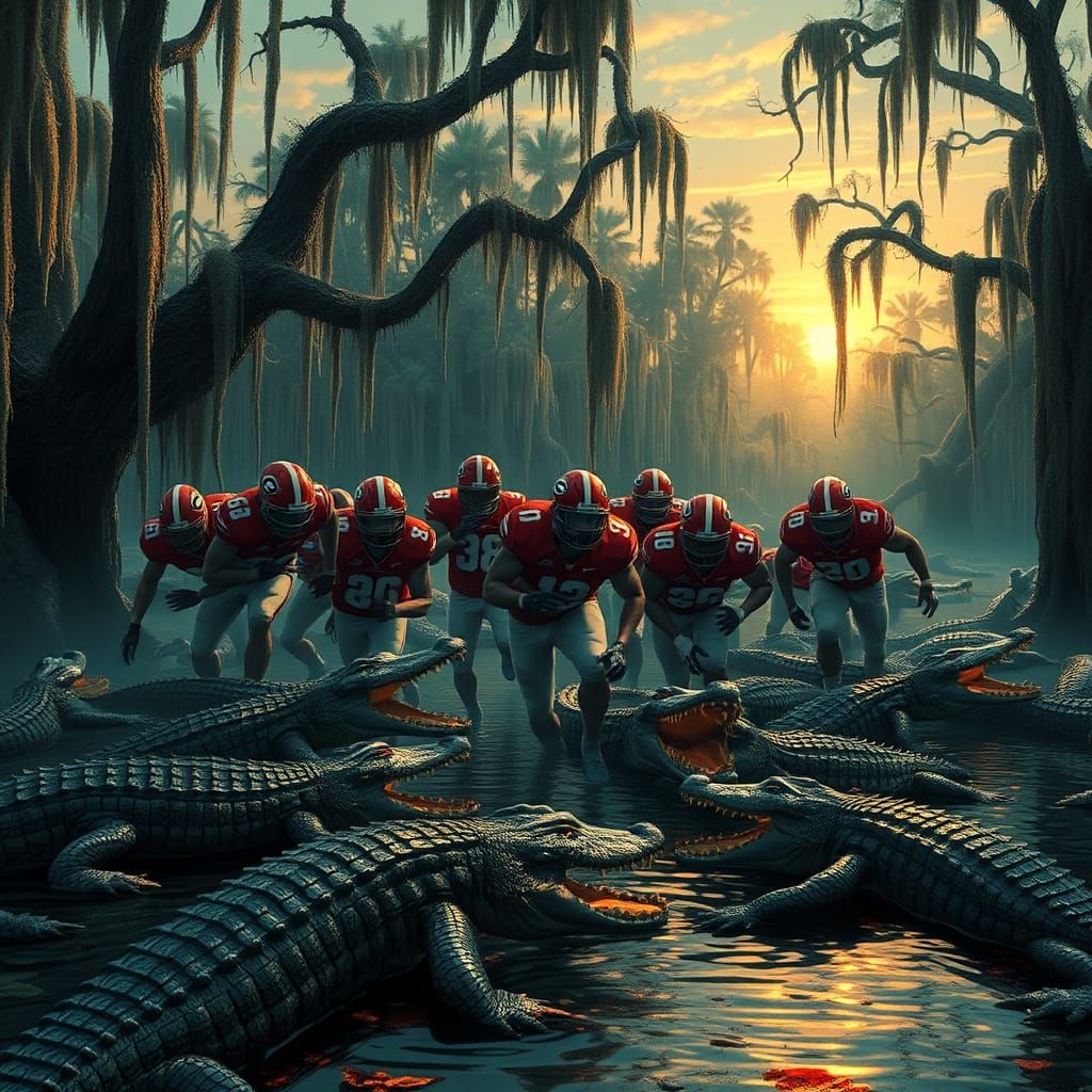 Georgia Bulldogs Feast on Alligators in Dreamlike Swamp