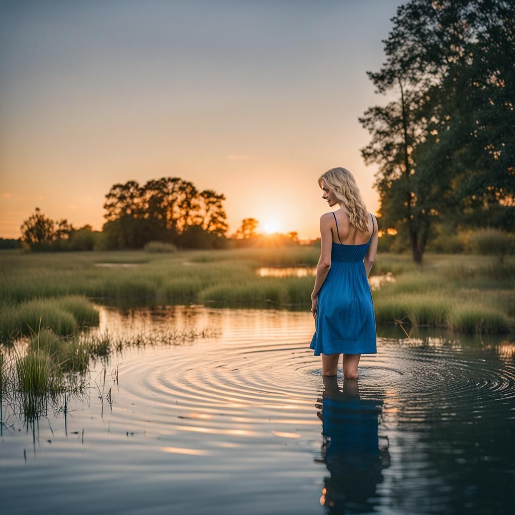 Woman in Blue Dress Wading in Pond at Sunset