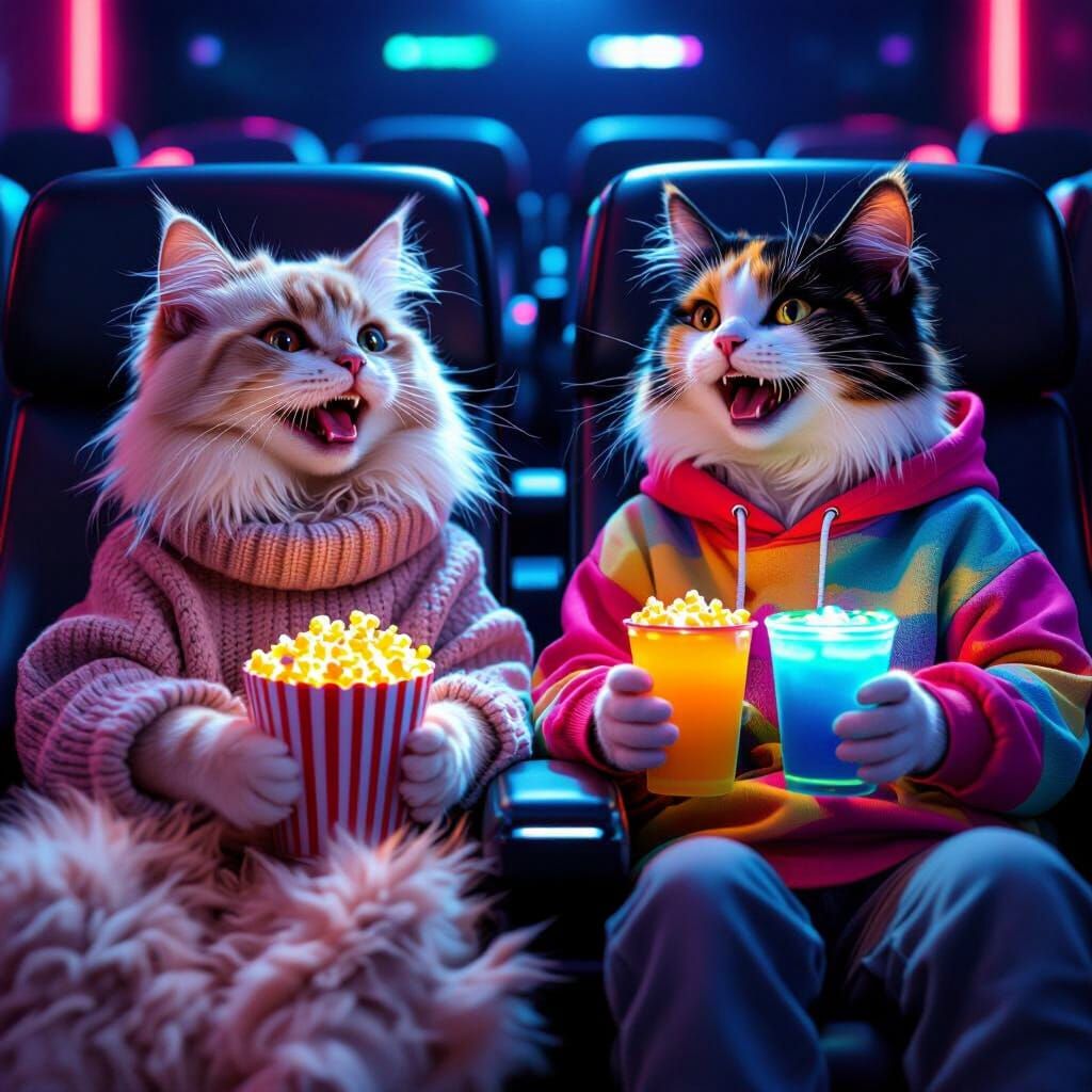 Cats Laughing in Futuristic Cinema Seats