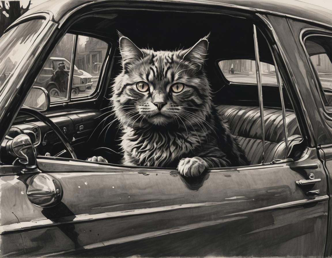 Sinister Cat in Car as Dark Fantasy Art