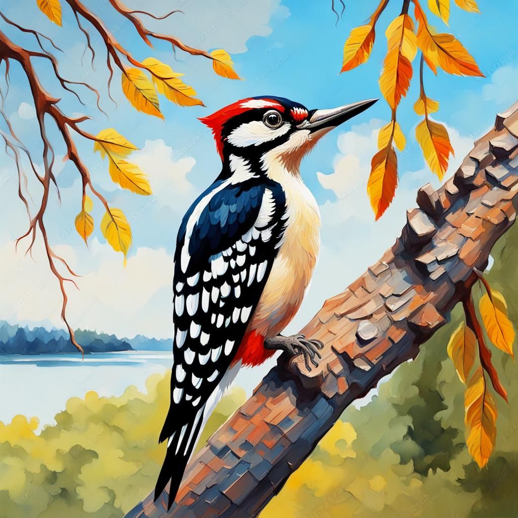 Woodpecker in Impressionist Gouache Style