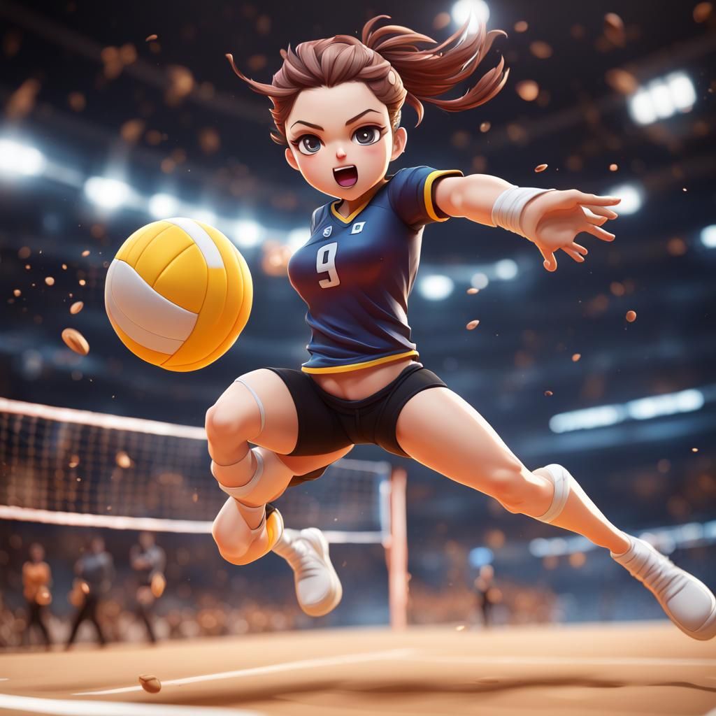 Chibi Manga Volleyball Player's Winning Block