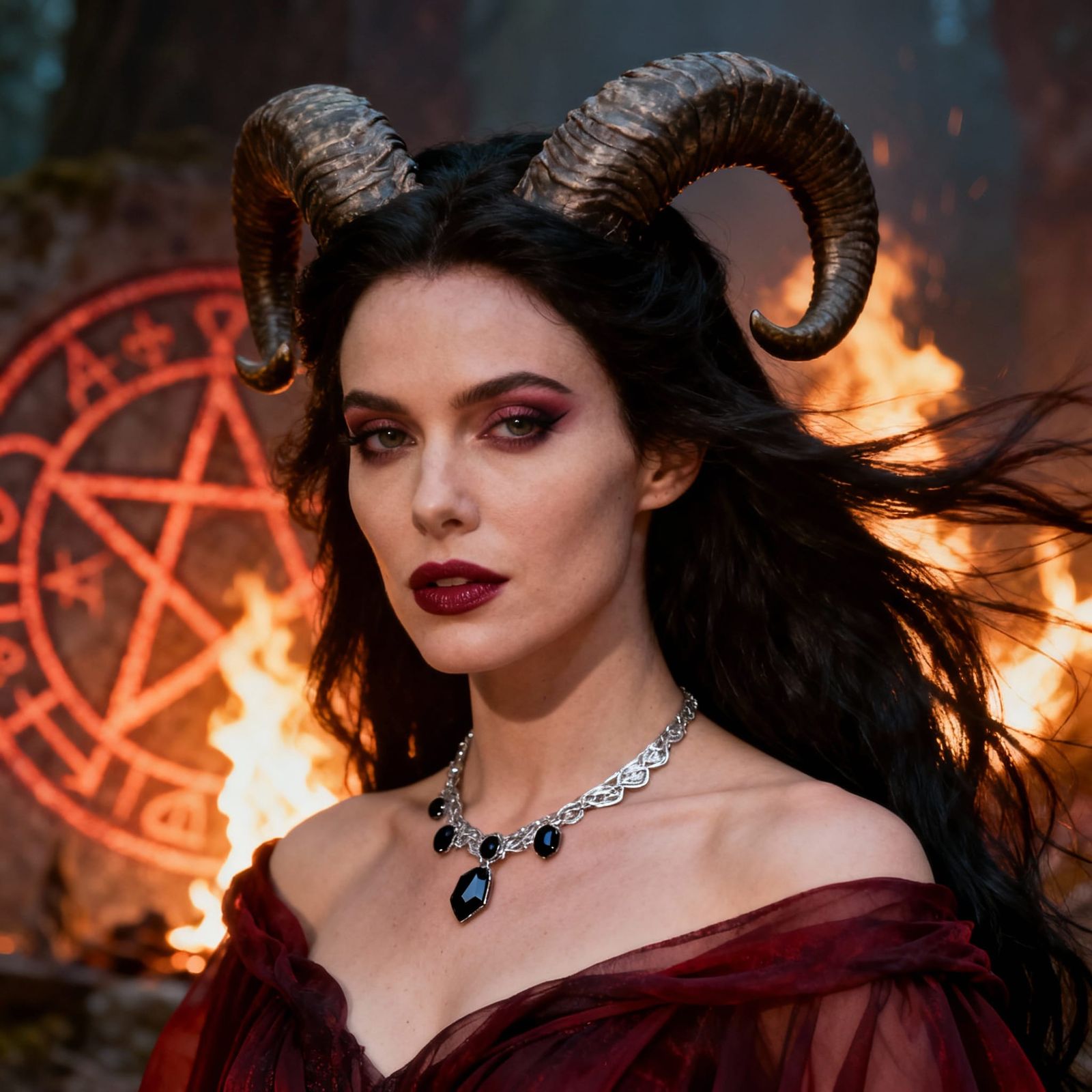 Ram Horned Goddess With Flowing Hair and Occult Symbols