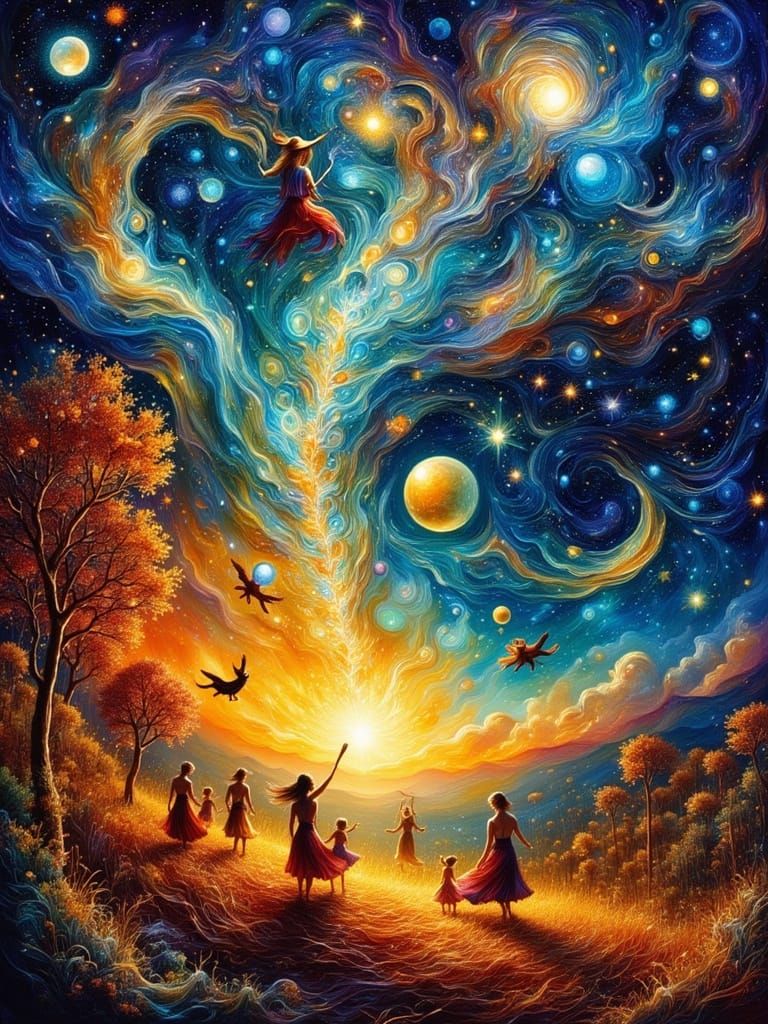 Van Gogh Style Night Sky With Witches and Harvest Festival