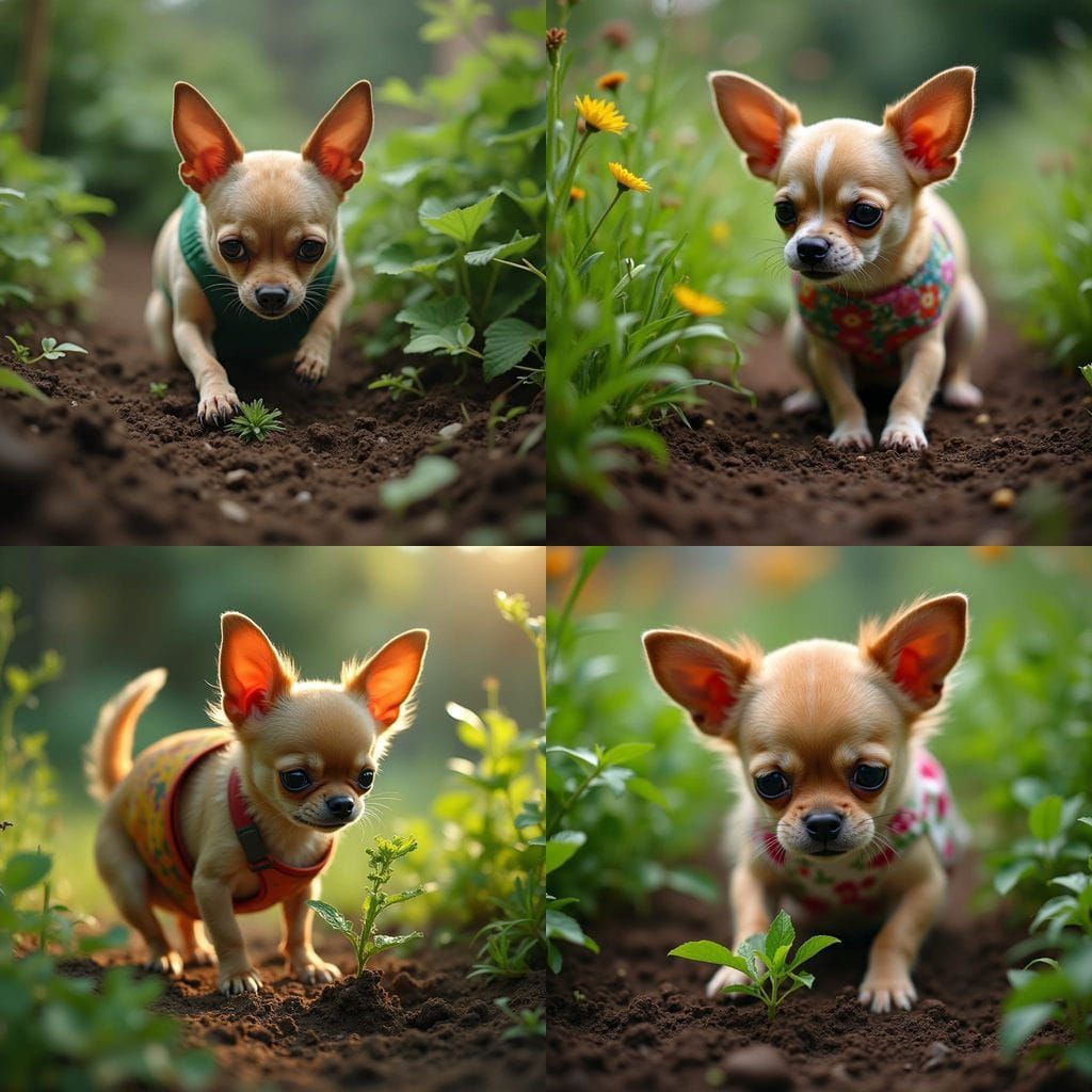 Annoyed Chihuahua Digging for Weeds in Garden