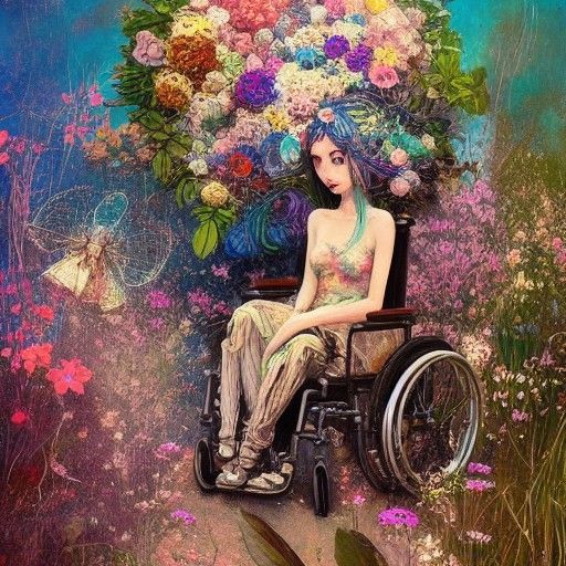 Goddess in Wheelchair Surrounded by Flowers