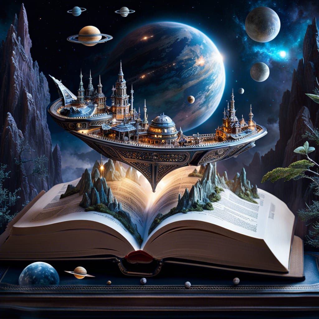 Miniature Fantasy World with Spaceships, Digital Illustratio...