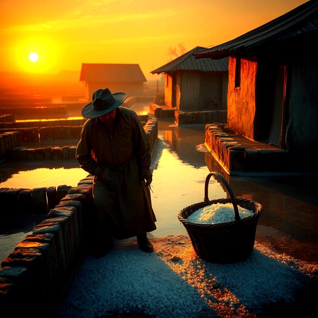 Sunset Salt Harvesters in a Saline Landscape