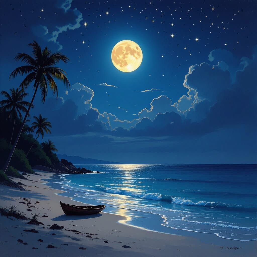 Tropical Beach Under Starry Sky in Dreamy Style