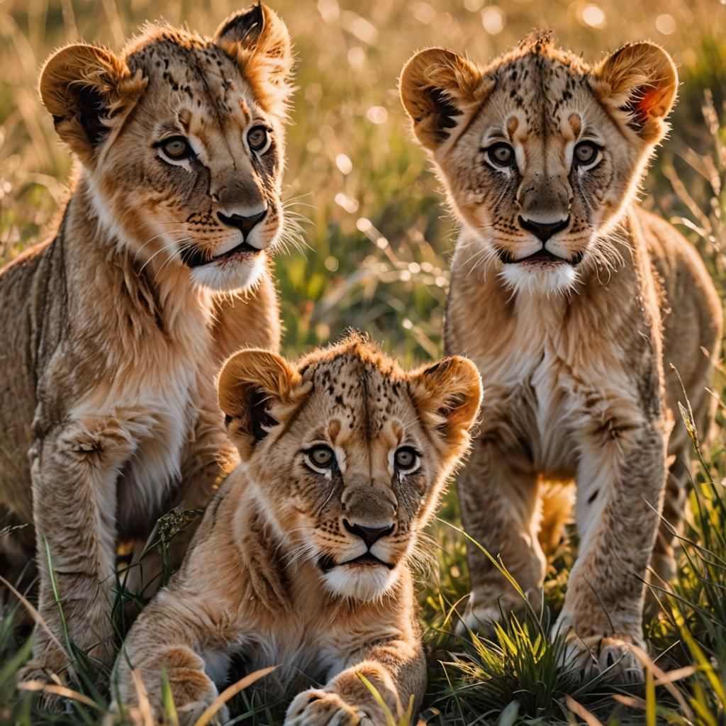 Lion Cubs Play in the Savannah Grass