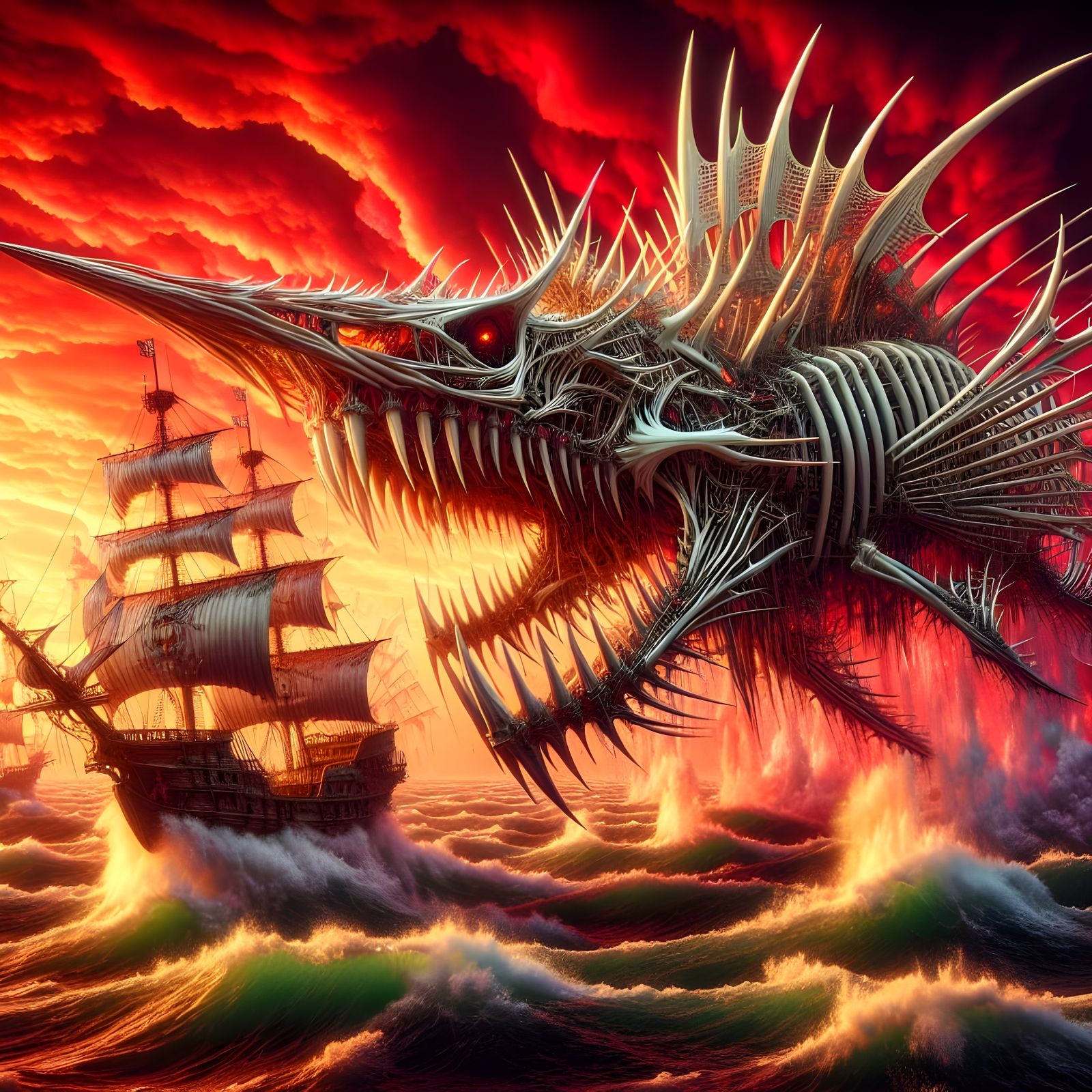 Monstrous Skeleton Shark Leaps Out of Raging Sea, Towering O...