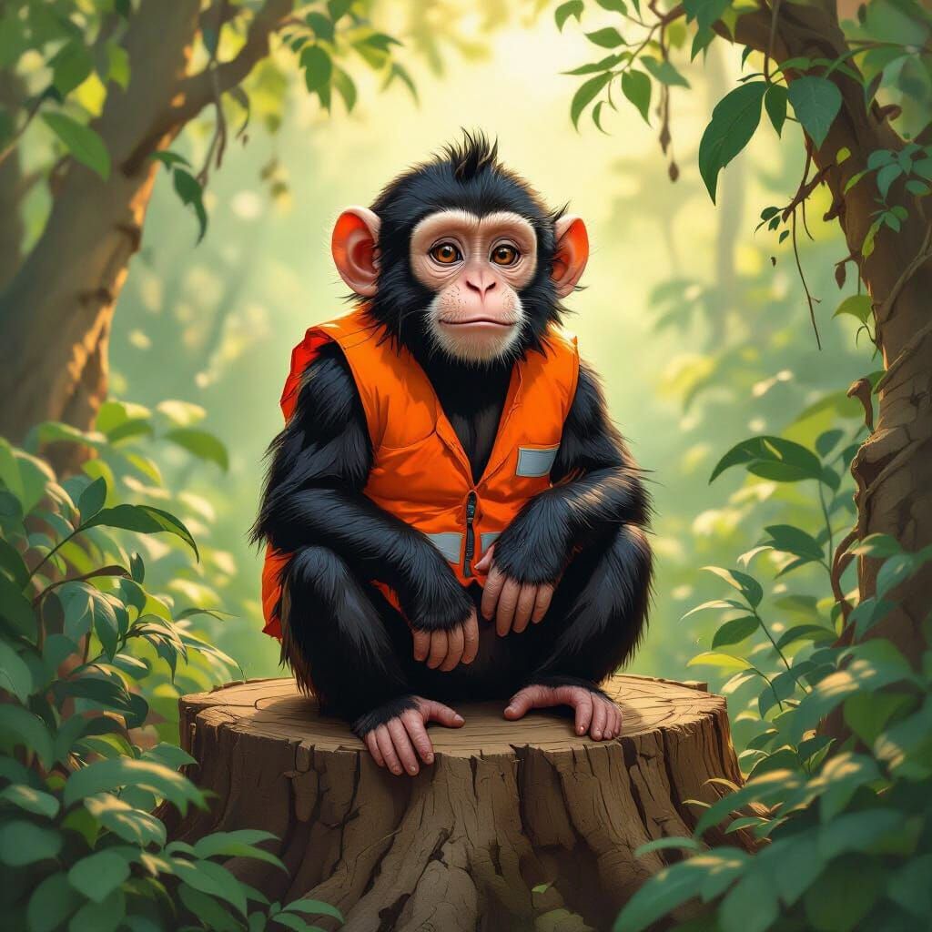 Monkey in Orange Vest, Fantasy Illustration