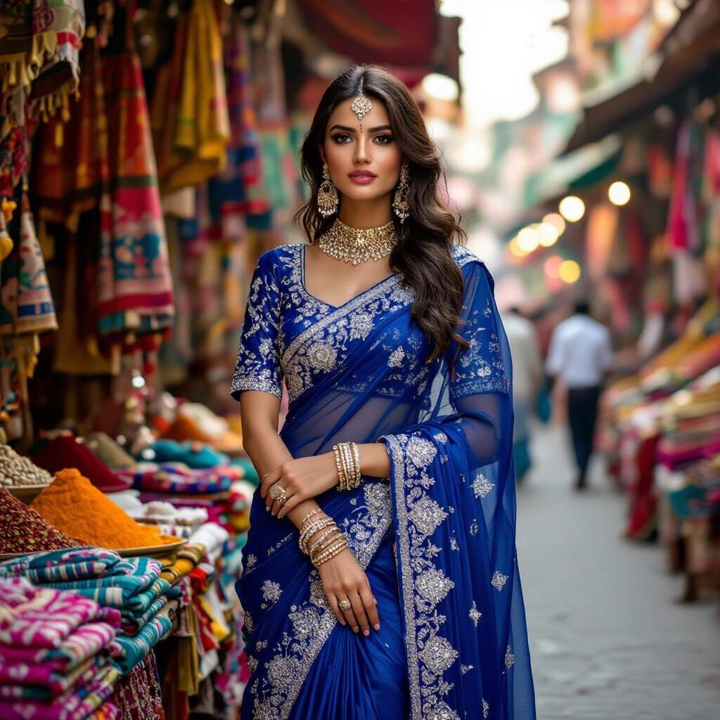 Pakistani Model in Sapphire Saree, Karachi Marketplace