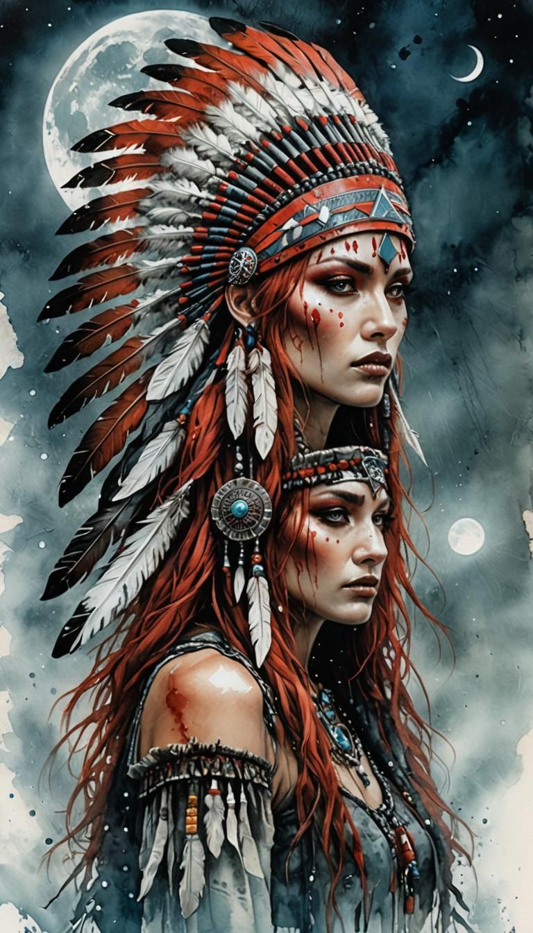 A beautiful red haired girl with a native American chief hea...