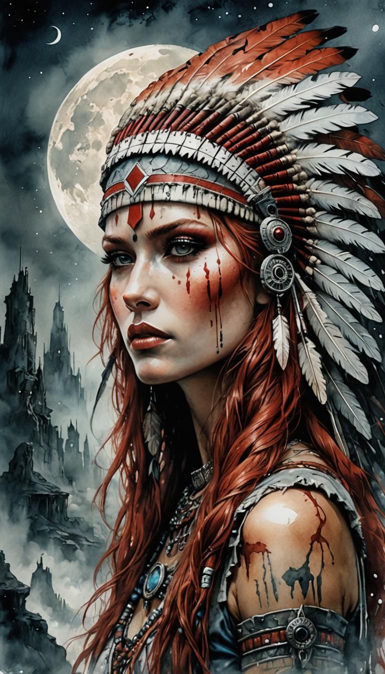A beautiful red haired girl with a native American chief hea...