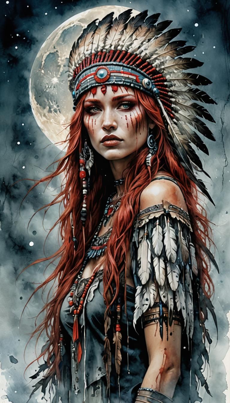 A beautiful red haired girl with a native American chief hea...