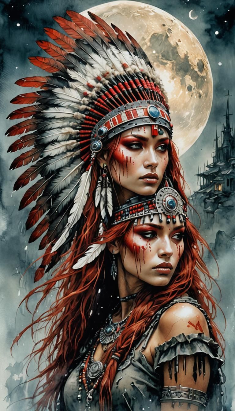 A beautiful red haired girl with a native American chief hea...