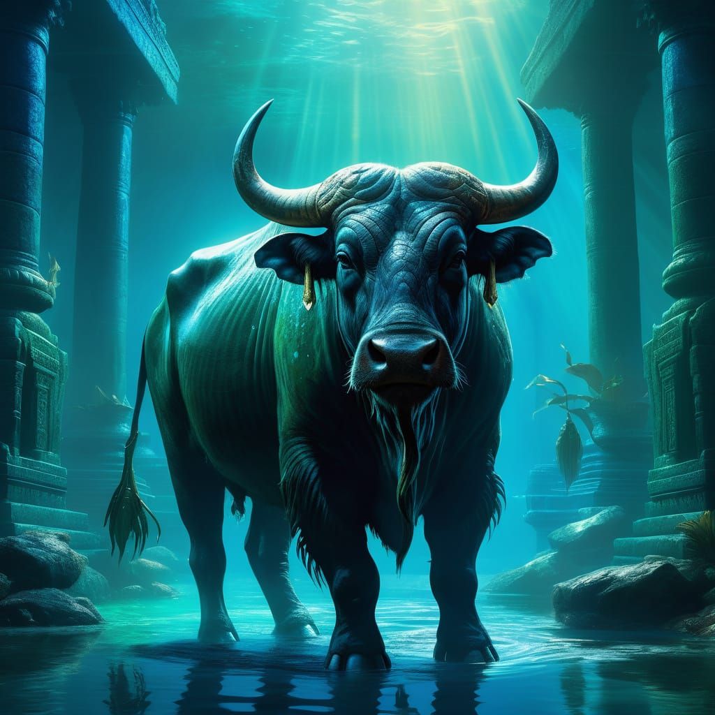 Majestic Water Buffalo in Flooded Temple, Digital Art