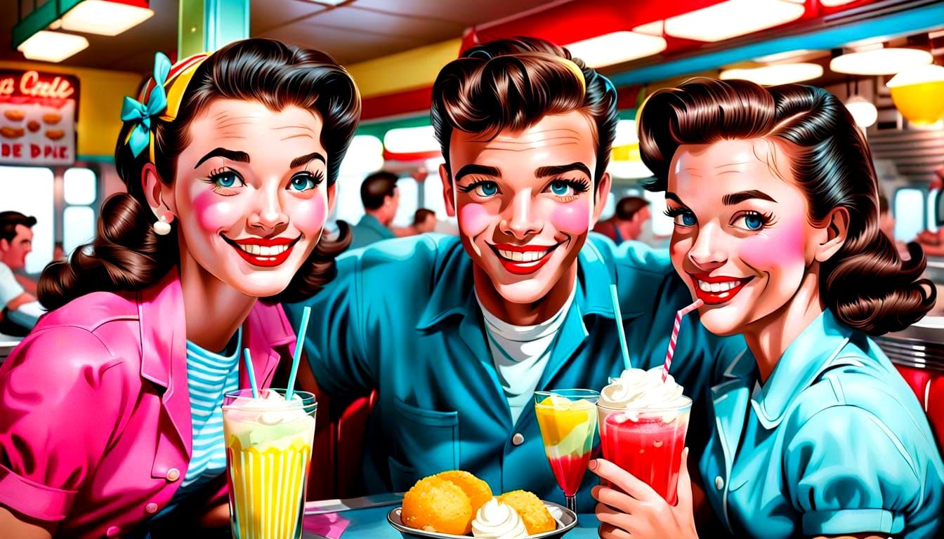 Joyful Teens Share a Milkshake in 1950s Diner
