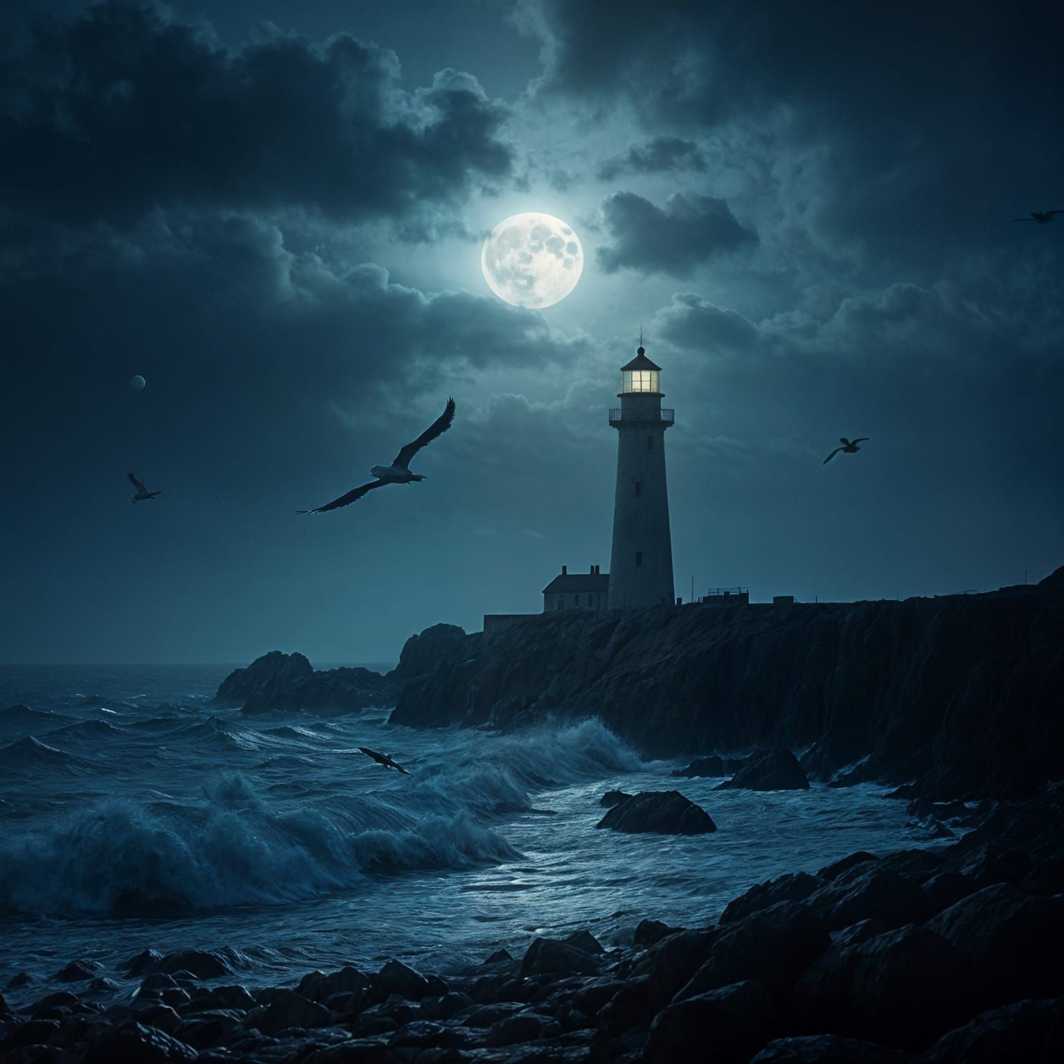 Lighthouse on Eastern Coast Under Stormy Moonlit Sky