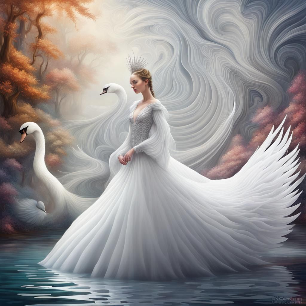 Swan Queen in Fairy Kingdom, Abstract Vector Art