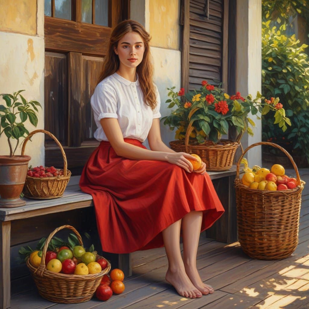 Girl on Porch with Fruit Basket in Impressionistic Style