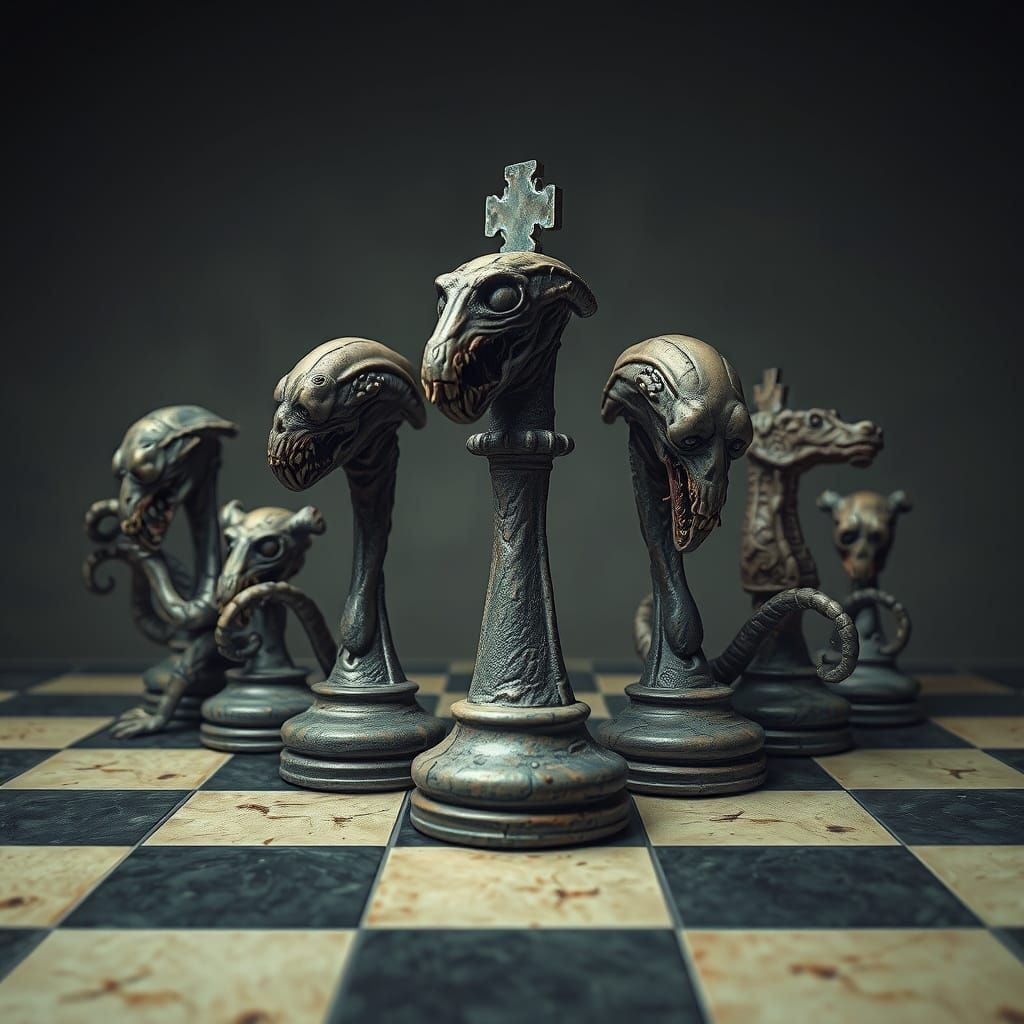 Twisted Chess Pieces in Dark Gothic Style