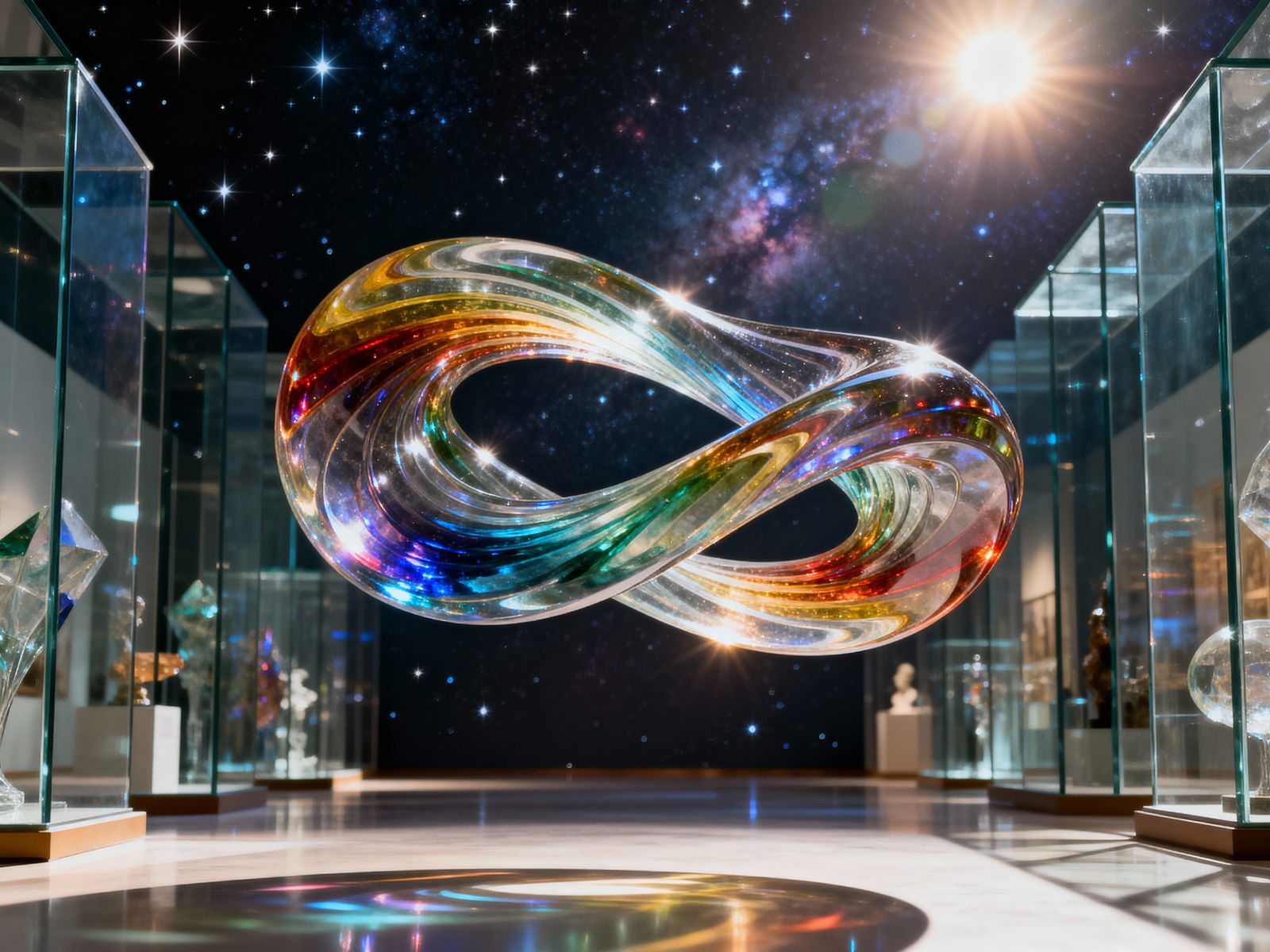 Radiant Glass Mobius Strip in Cosmic Gallery