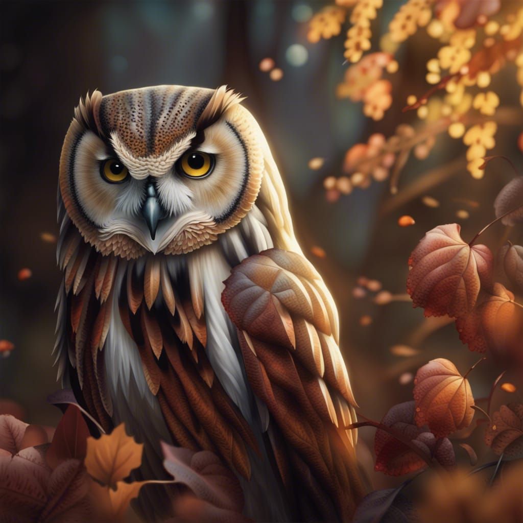 Photorealistic Owl Among Autumn Flowers