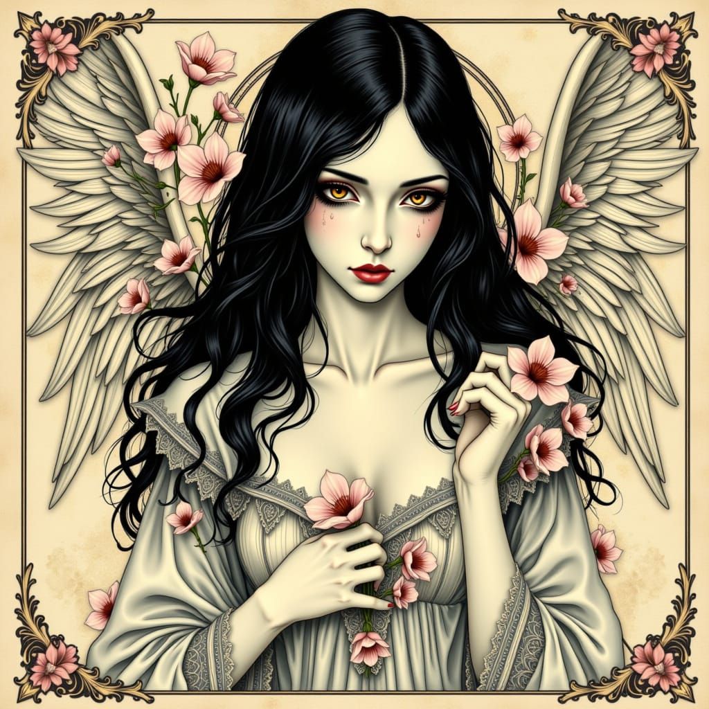 Ethereal Gothic Angel Ponders Humanity's Sorrow in Whimsical...