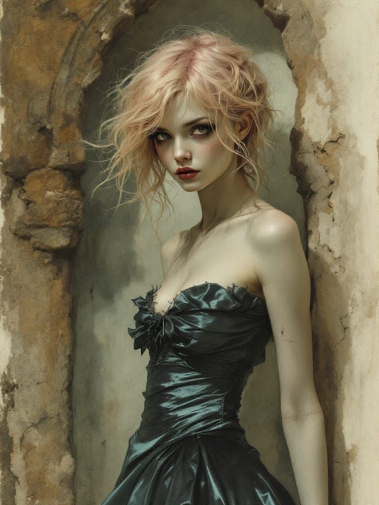 Gothic Woman in Sepia-Tinted Watercolor