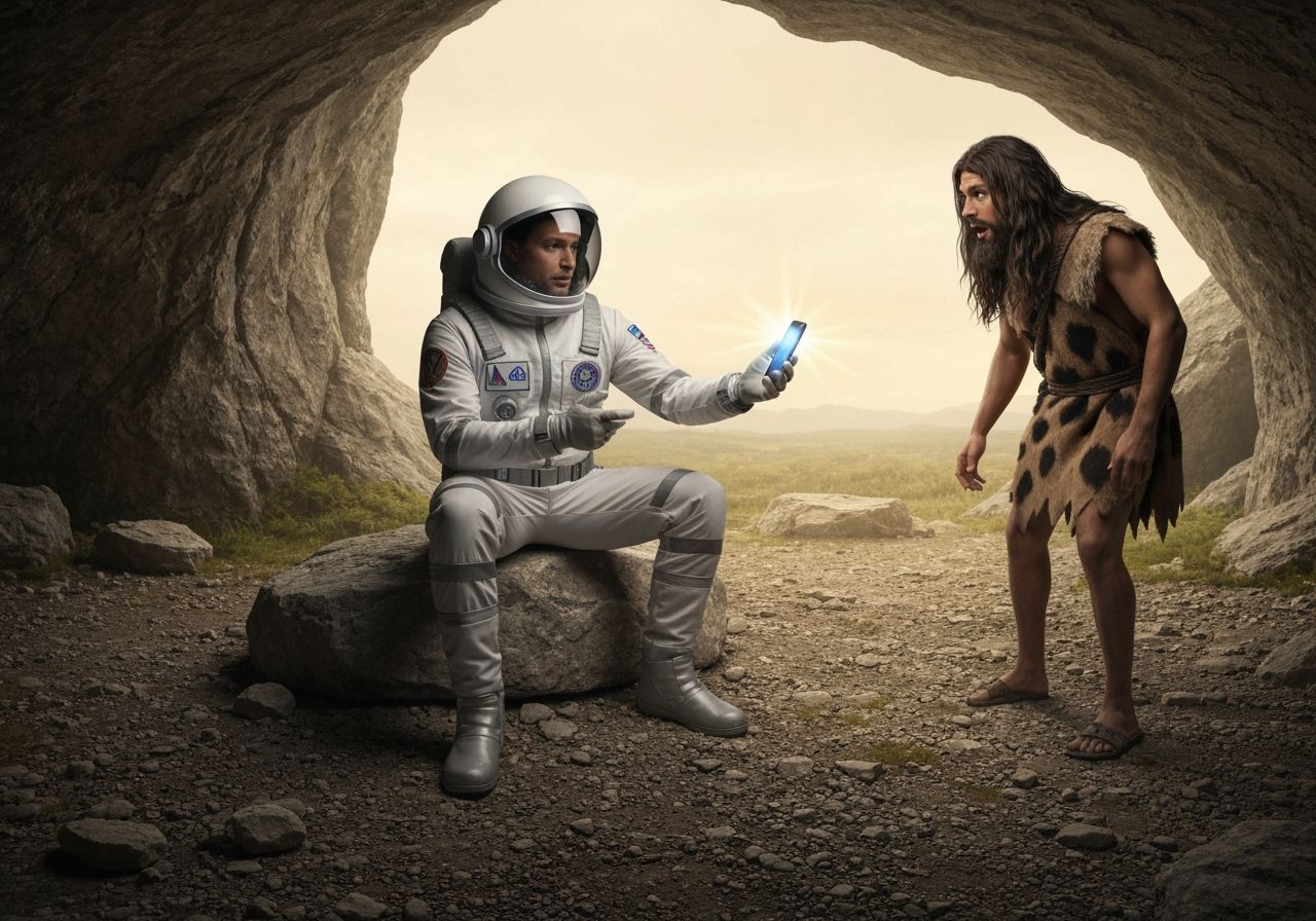 Futuristic Astronaut Shows Phone To Amazed Caveman