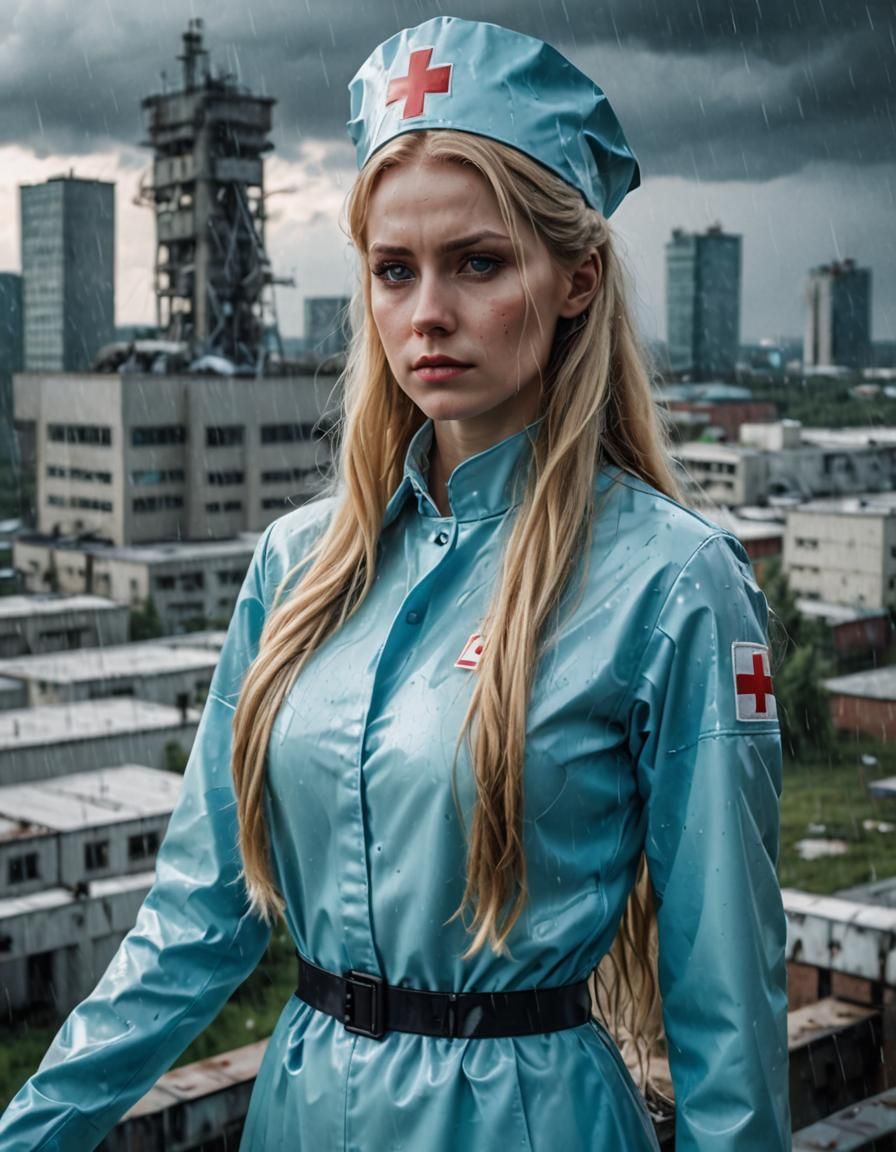 Blonde in Latex Nurse Outfit in Chernobyl, Macro