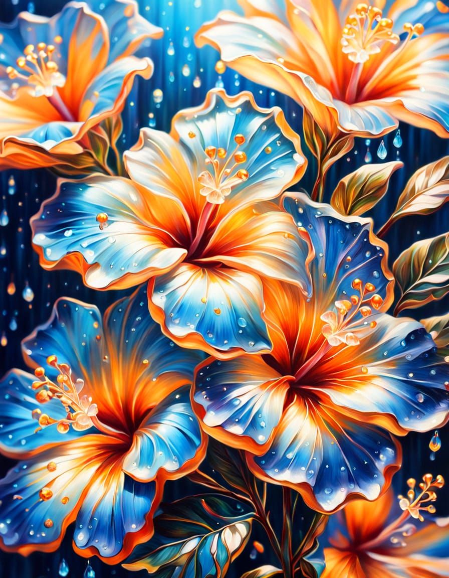 Crystal Hibiscus Flowers on Bioluminescent Beach as Oil Pain...