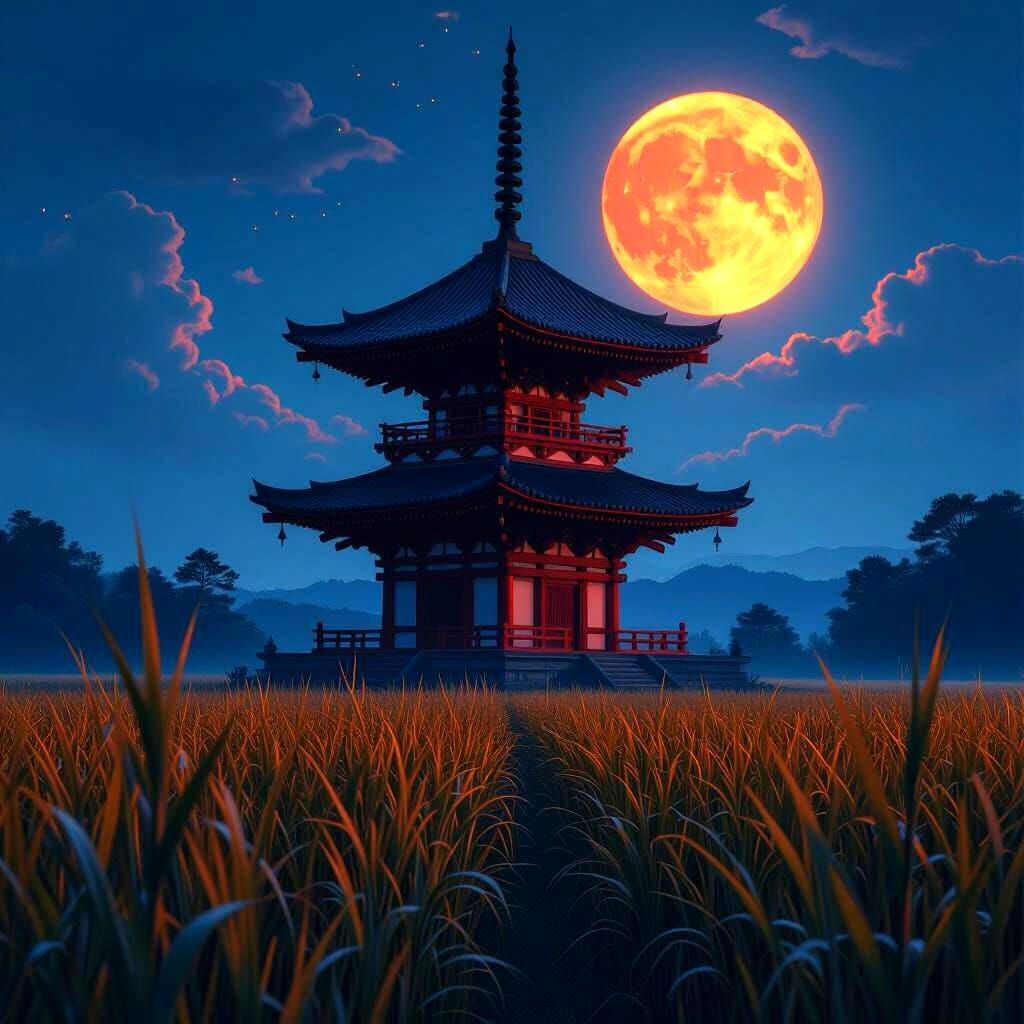 Pagoda in Cane Field Under Red Moon
